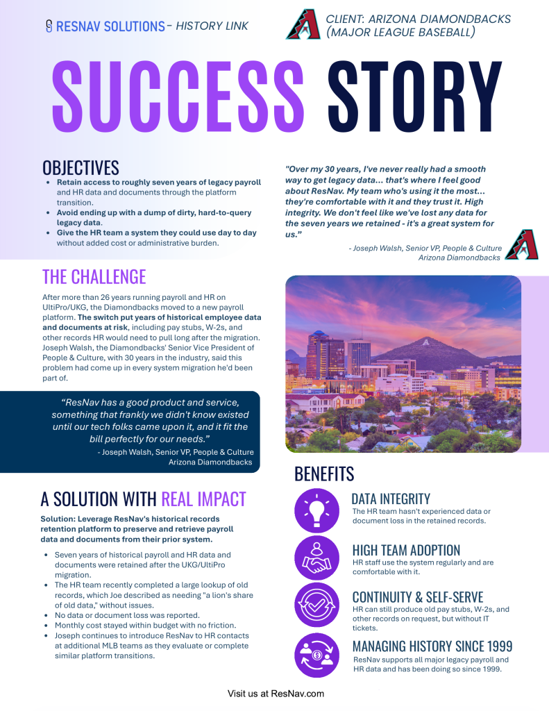 How MLB's Arizona Diamondbacks preserved seven years of payroll and HR history through a system migration, without data loss or added IT burden.