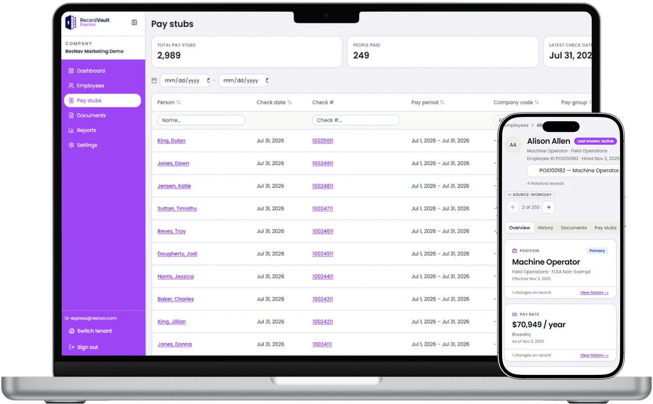 RecordVault Express paystubs on a laptop and phone